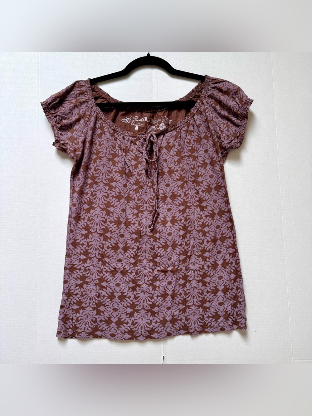 Y2K PEASANT TOP PLUM BROWN TUNIC ELASTIC TIE NECK & SLEEVES LOL VTG SIZE JNRS XL